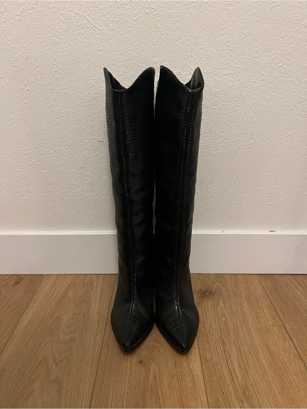 Schutz Black Croc-Embossed Knee Boots